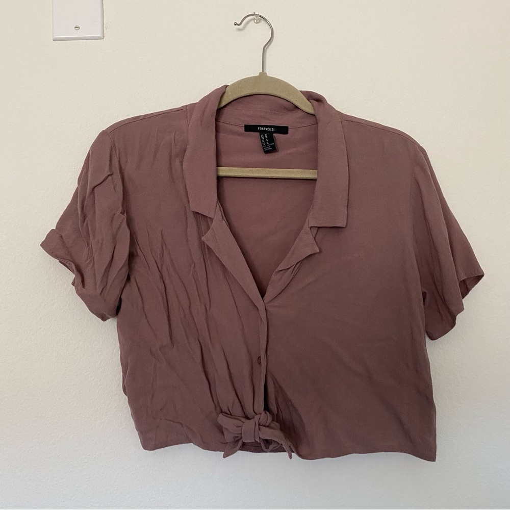 Forever 21 Cropped Tie Front Boxy Shirt Medium